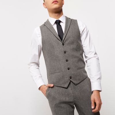 Grey wool blend slim fit waistcoat